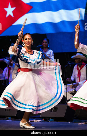 Camagua Compania Folklorica aus Camagüey, Kuba, Auftritt beim 29. Folkart International CIOFF Folklore Festival, Sub Folklorefestival von Festival Lent, eines der größten Outdoor-Festivals in Europa. Folkart, Festival Lent, Maribor, Slowenien, 2017. Stockfoto