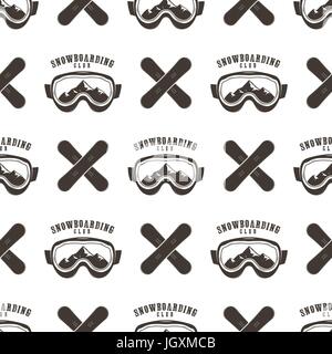 Snowboard nahtlose Hintergrund. Winter-Ski-Muster-Design mit Brettern, snowboards Maske und Typografie Elemente. Aktie Vector isoliert auf weiss. Monochrome Stil Stock Vektor