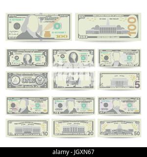 Dollar Banknote Set Vector. Cartoon U.S.-Währung. Zwei Seiten des amerikanischen Geld Rechnung isoliert Illustration. Bargeld-Dollar-Symbol. Jede Stückelung der US-Währung Anmerkung. Stock Vektor