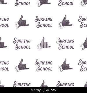 Surf Schule alte Stil Musterdesign. Sommer nahtlose Tapete mit Surfer Schild - Shaka und Typografie Elemente. Monochrome Gestaltung. Vektor-Illustration. Verwendung für Stoff drucken, Web-Projekte Stock Vektor