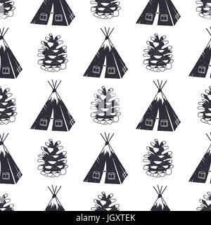 Vintage handgezeichneten camping und Wald-Muster-Design. Nahtlose Tapete mit Zelt, Tannenzapfen. Monochromen Retro-Design. Vektor-Illustration. Verwendung für Druck, Web-Projekte, T-shirts Stoff. Stock Vektor