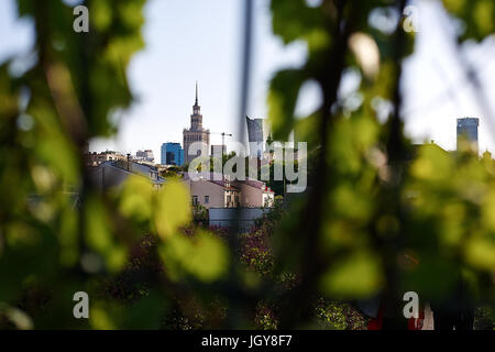 Palast der Kultur und Wissenschaft (PKiN) aus dem Garten auf dem Dach der Universitätsbibliothek Warschau, Warschau, die Hauptstadt von Polen gesehen. Stockfoto