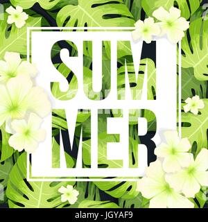 Summer Sale Banner oder Poster mit Monstera Palm Blätter Muster und Hibiskus Blüten Stock Vektor