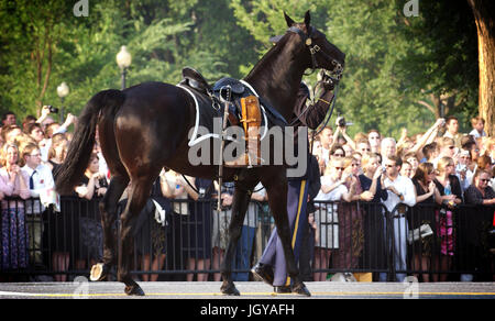 Eine riderless Horse folgt dem senkkasten des ehemaligen Präsidenten Ronald Reagan's Flag - drapierte Schatulle während seiner Beerdigung Prozession Hier Juni 9. Ein Paar von Präsident Reagans Stiefel in die steigbügel der leeren Sattel symbolisieren, dass er nie wieder reiten vertauscht. Er diente, wie der militärische Oberbefehlshaber von 1981 bis 1989. Stockfoto