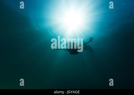 Eine junge Frau elegant kostenlose taucht in den Tiefen des Pazifischen Ozeans wie die Sonne das Wasser um sie herum leuchtet. Stockfoto