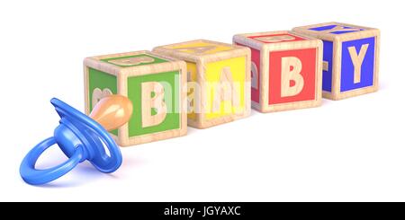 Wort Baby aus Holzklötzen Spielzeug und Baby Schnuller 3D-Render Abbildung auf weißem Hintergrund Stockfoto