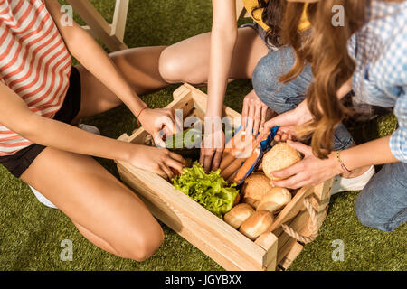 Aufnahme von jungen Frauen, die Abhaltung von Zutaten für Grill vom Picknick-Korb beschnitten Stockfoto