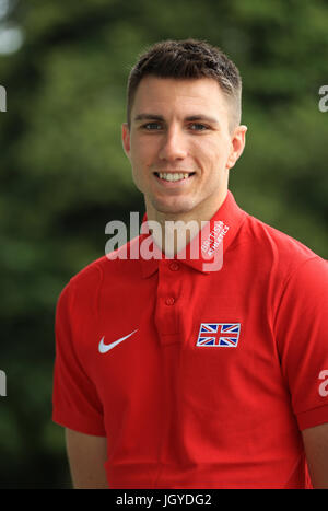 Hürdenläufer Andrew Pozzi bei der Team-Ankündigung vor den Weltmeisterschaften an der Loughborough University High Performance Center. Stockfoto