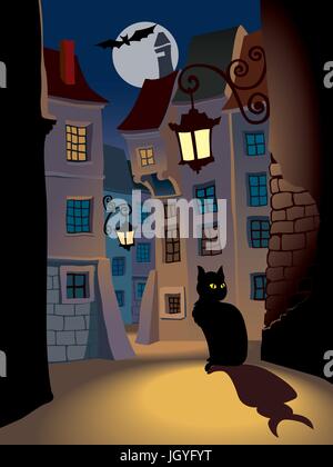 Dämonische Katze auf einer Straße, perfekte Illustration für Halloween-Urlaub Stock Vektor