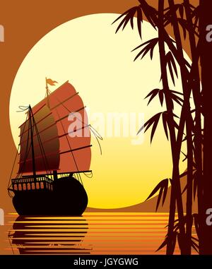 Segelschiff, Bambus-Wald, Meer und Sonne Stock Vektor
