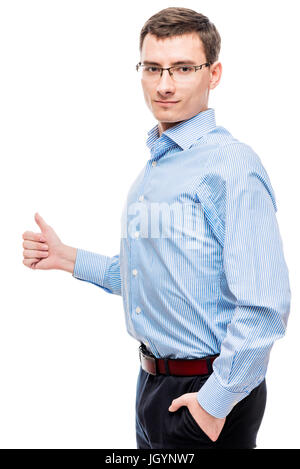 Zufrieden erfolgreicher Unternehmer auftauchend Daumen auf weißem Hintergrund Stockfoto