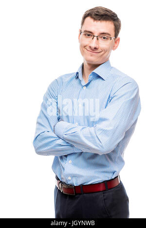 Lächelnde Unternehmer posiert im Studio auf weißem Hintergrund Stockfoto