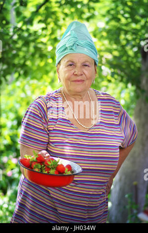 Glückliche alte Frau mit einer Erdbeere Ernte im Garten. Schöne alte Frau und Erdbeerernte Stockfoto