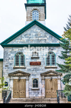 Quebec Stadt, Kanada - 29. Mai 2017: Altstadt mit Kirche St. Andrew und Zeichen Stockfoto