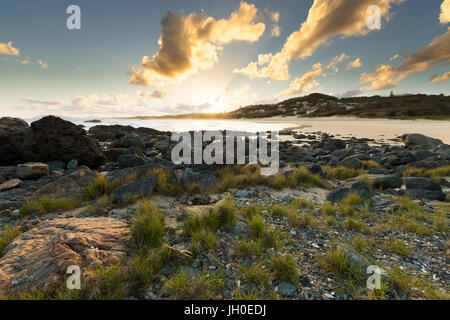 Die Sonne geht auf eine lebendige Strandszene in Port Macquarie, Australien, Büschel beleuchten die umgebenden Wolken, Küste und Rasen im Vordergrund. Stockfoto