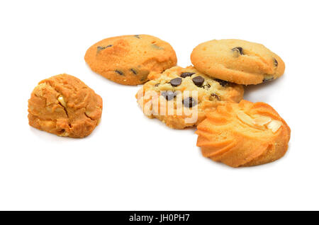 Mandel Cookies-Chocolate Chips Cookies isoliert auf weiss Stockfoto