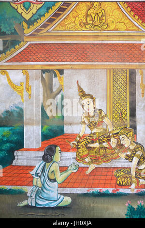 Gemälde, die Lebensgeschichte des Shakyamuni Buddha. Wat Naxai. Vientiane. Laos. Stockfoto