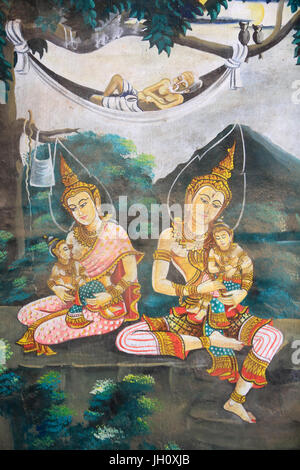 Gemälde, die Lebensgeschichte des Shakyamuni Buddha. Wat Naxai. Vientiane. Laos. Stockfoto