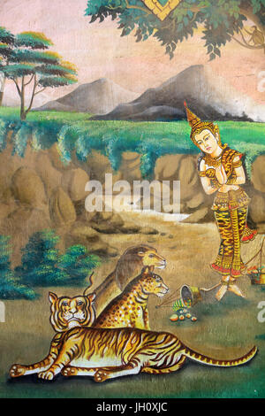 Mitgefühl für Tiere. Gemälde, die Lebensgeschichte des Shakyamuni Buddha. Wat Naxai. Vientiane. Laos. Stockfoto