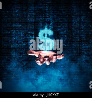 Binäre Dollar Hand / 3D Illustration des glühenden Dollarsymbol gebildet von Binärziffern schwebt über offene Hand Stockfoto