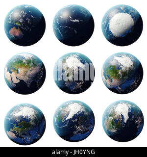 3D-Rendering Planetenerde gesetzt, Globus aus verschiedenen Blickwinkeln, Set Erde isoliert auf weißem Hintergrund für Ihr Design. Elemente dieses Bildes eingerichtet b Stockfoto
