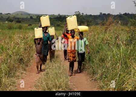 Ugandische Kinder Wasserholen. Uganda. Stockfoto