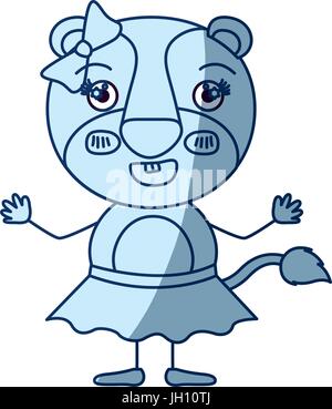 blaue Farbe schattieren Silhouette Karikatur der süße weibliche Löwin im Rock mit Schleife Spitze mit aufgeregt Ausdruck und lächelnd Stock Vektor