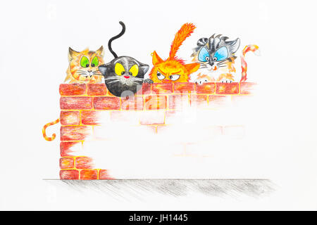 Eine Gruppe von Cartoon Stil Katzen versteckt sich hinter einer roten Backsteinmauer. Handgezeichnete Abbildung. Stockfoto