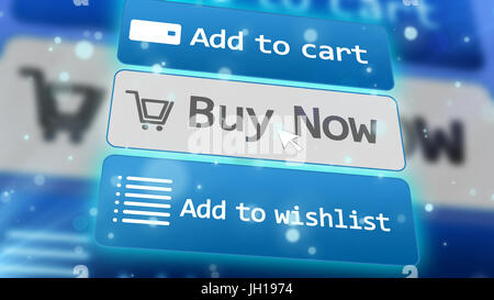 3-Taste der Online-Shop und Maus Pfeil über jetzt kaufen. Hinzufügen zum Warenkorb, jetzt kaufen, zur Wunschliste Schaltflächen hinzufügen. 3D Illustration. Stockfoto