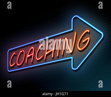 3D Illustration, Darstellung einer beleuchteten Leuchtreklame mit einem coaching-Konzept. Stockfoto