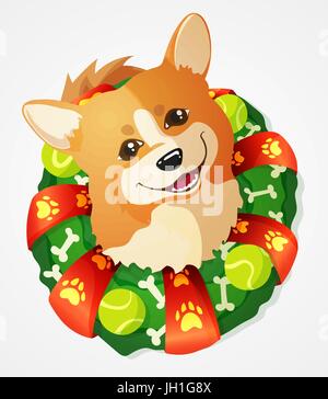 Süße Welsh Corgi Hund und Adventskranz, Cartoon-Vektor-illustration Stock Vektor