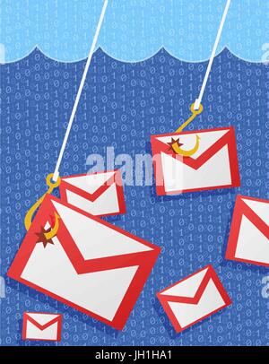 Phishing-Mailkonzept mit einem Umschläge auf eine Fischerei gefangen Haken Stock Vektor