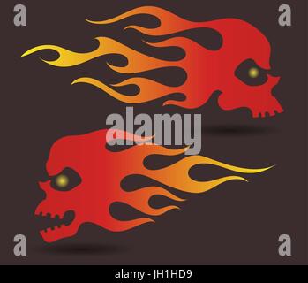 Rot bis gelb mit farbigen Silhouetten von flammender Schädel, Old-School-Feuer-Embleme, isoliert Vektor-illustration Stock Vektor