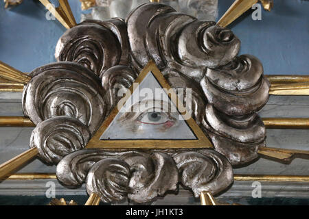 Das Auge der Vorsehung oder das allsehende Auge Gottes. Die Kirche Saint-Jean-Baptiste.  Frankreich. Stockfoto