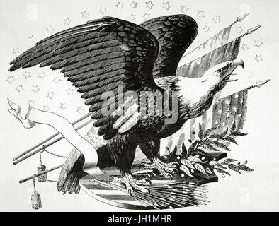 Weißkopf-Seeadler und andere patriotische Symbole des amerikanischen Unabhängigkeitskrieges (1775-1783). Gravur in der amerikanischen Revolution des 19. Jahrhunderts. Stockfoto