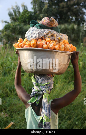 Frau, die die Platte mit Mais auf Kopf. Togo. Stockfoto