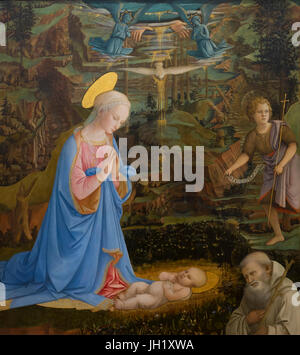 Anbetung von Christkind mit Young St. Johannes der Täufer, St. Romuald, Engel, Hände des Gottes der Vater und der Heilige Geist als Taube von Filippo Lippi, ca. Stockfoto