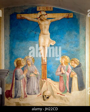 Kreuzigung mit Maria und Heiligen Cosmas, Johannes der Evangelist und Peter Martyr, Zelle 38, von Fra Beato Angelico, 1441-1442, Kloster von San Marco, Stockfoto