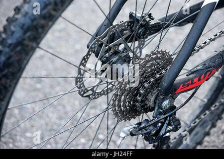 Nahaufnahme von Moutain Bike Kette und Zahnräder.  Frankreich. Stockfoto