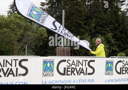 Besichtigung des Valle d ' Aosta Radrennen. Ziellinie. Saint-Gervais-Les-Bains.   Frankreich. Stockfoto