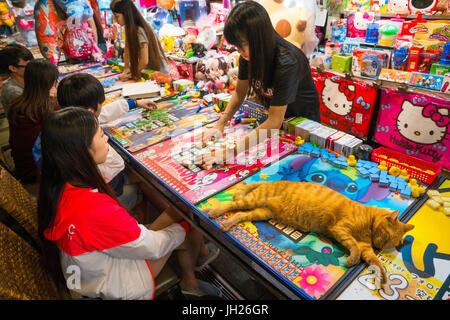 Schöne Ingwer Katze ausgestreckt über Spieltisch während Lieferanten sortiert und Mahjong Fliesen für junge Kunden, Taipei, Taiwan richtet Stockfoto