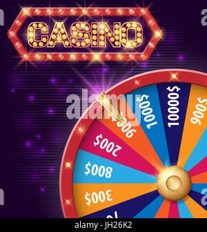 Fortune Spinnrad, Internet Casino Banner mit leuchtenden Lampen für Online-Casino, Poker, Roulette, Spielautomaten, Kartenspiele. Vektor-Illustration, glänzenden Hintergrund Stock Vektor