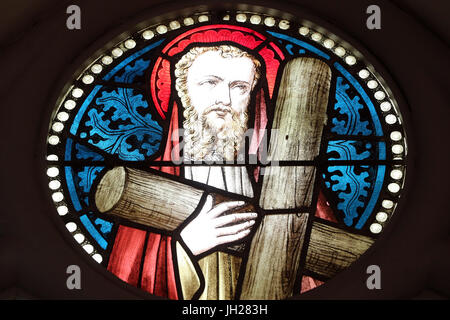 Chijmes. Glasmalerei-Fenster. Saint Andrew.  Singapur. Stockfoto