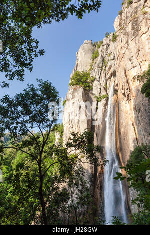 Die Piscia di Gallo Wasserfall umgeben von Granitfelsen und grünen Wäldern, Zonza, Korsika, Südfrankreich, Europa Stockfoto