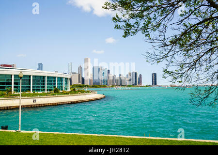 Shedd Aquarium, Lake Michigan und City Skyline über Chicago, Illinois, Vereinigte Staaten von Amerika, Nordamerika Stockfoto