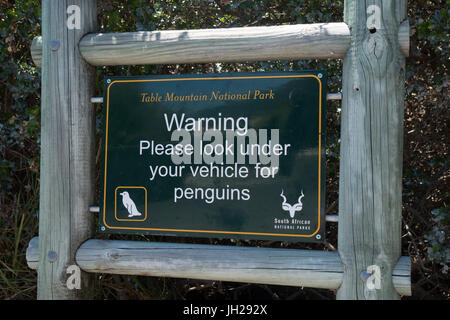 Warnsignal zu Ckeck für Pinguine unter Ihrem Fahrzeug, Parkplatz in der Nähe von Boulders Beach, Cape Town, Südafrika, Afrika Stockfoto