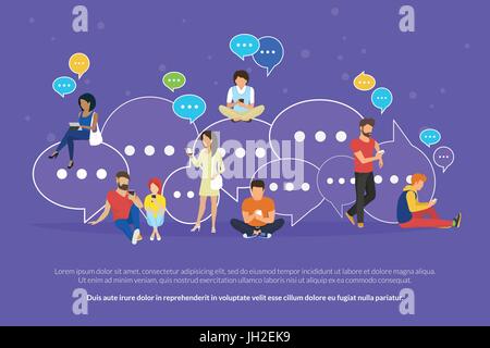 Sprechblasen für Online-SMS- und Messaging-Konzept flache Vektor-Illustration von jungen Menschen mit mobilen Smartphone und Tablet zum plaudern und c Stock Vektor