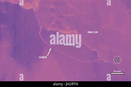 Datei: Antarktis. 12. Juli 2017. Thermische Wellenlänge Bild eines großen Eisbergs, die aus dem Larsen C Eis-Regal schaffen einen riesigen Eisberg doppelt so groß wie Luxemburg und ändern die Form der antarktischen Halbinsel als es gekalbt hat setzt 12. Juli 2017 treiben in der Weddell-See. Dunklere Farben sind kälter und hellere Farben sind wärmer, so dass die Kluft zwischen den Eisberg und dem Schelfeis als dünne Linie der etwas wärmeren Bereich angezeigt wird. Bildnachweis: Planetpix/Alamy Live-Nachrichten Stockfoto