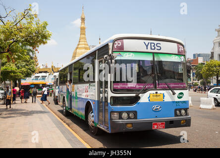 Moderne Busse von Yangon Bus Service (YBS) dienen der ehemaligen Hauptstadt Myanmars Yangon Stockfoto