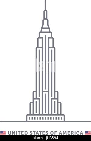 Vereinigte Staaten von Amerika-Linie-Symbol. Empire State Building und USA Flagge Vektor-Illustration. Stock Vektor